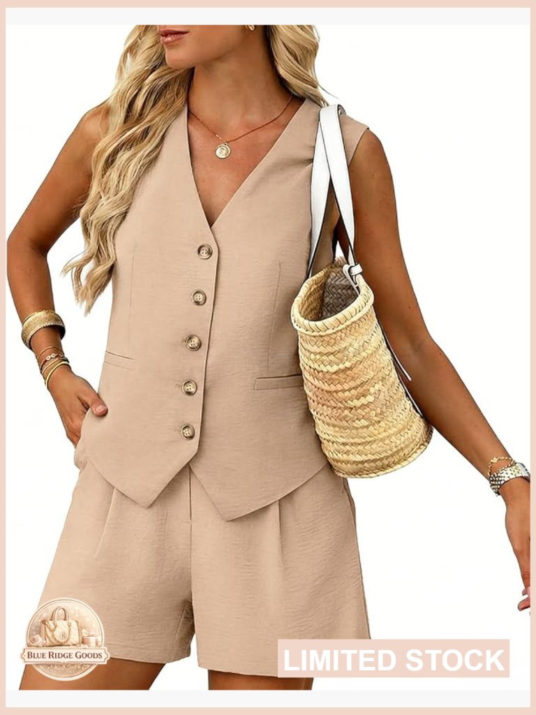 Sleeveless V-Neck Vest Casual Set Business Travel Outfit Lightweight Polyester